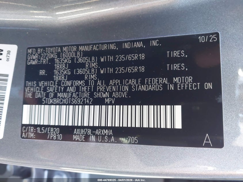 2026 Toyota Highlander VIN 5TDKBRCH0TS692142 IAAI salvage auction — FRESH WATER, Salvage (Hawaii), sold $7,800 on 2026-07-21 (photo 9)