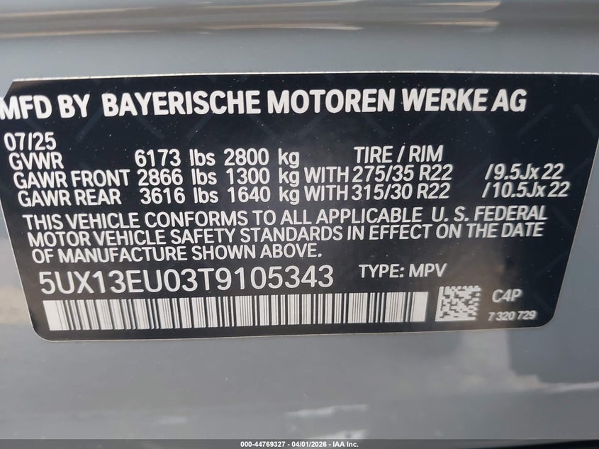 2026 BMW X5 VIN 5UX13EU03T9105343 IAAI salvage auction — FRONT END, Wait Title, sold $35,300 on 2026-07-08 (photo 9)