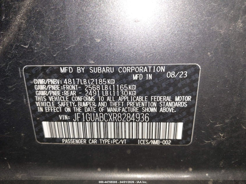 2024 Subaru Impreza VIN JF1GUABCXR8284936 IAAI salvage auction — REAR END, Wait Title, sold $5,450 on 2026-07-21 (photo 9)