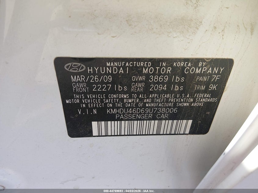 2009 Hyundai Elantra VIN KMHDU46D69U738006 IAAI salvage auction — FRONT END, Salvage (California), sold $925 on 2026-07-07 (photo 9)