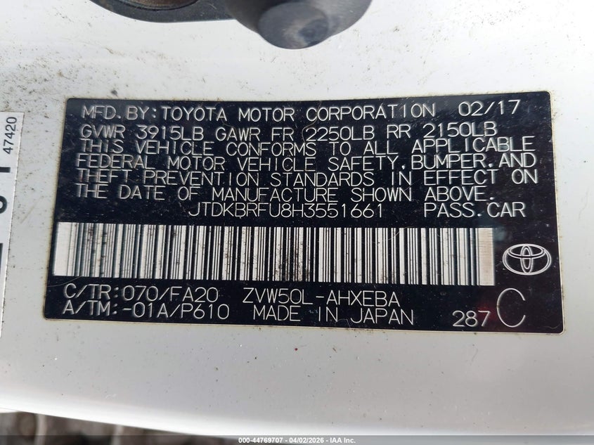 2017 Toyota Prius VIN JTDKBRFU8H3551661 IAAI salvage auction — UNDERCARRIAGE, Salvage (Hawaii), sold $450 on 2026-07-21 (photo 9)