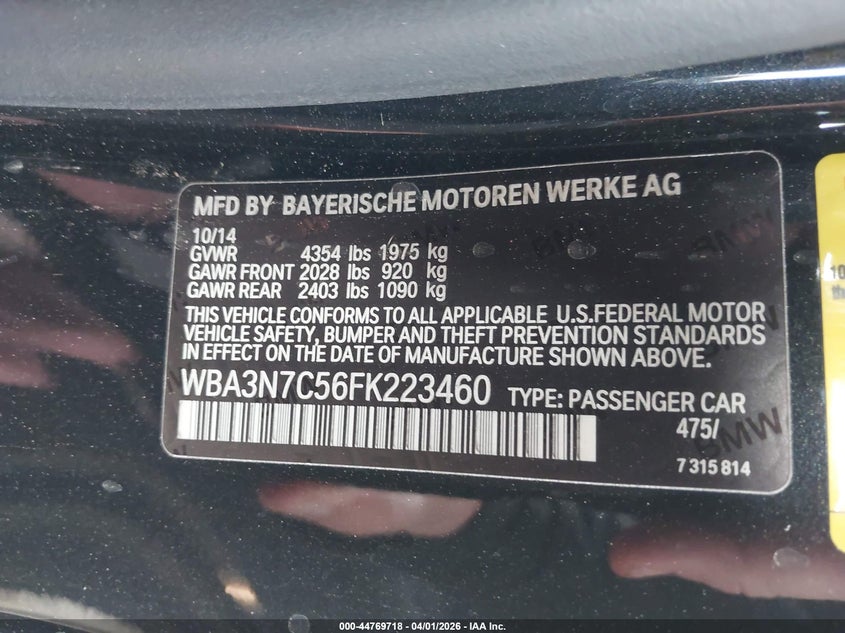 2015 BMW 4er VIN WBA3N7C56FK223460 IAAI salvage auction — LEFT FRONT, Salvage (California), sold $3,500 on 2026-08-12 (photo 9)