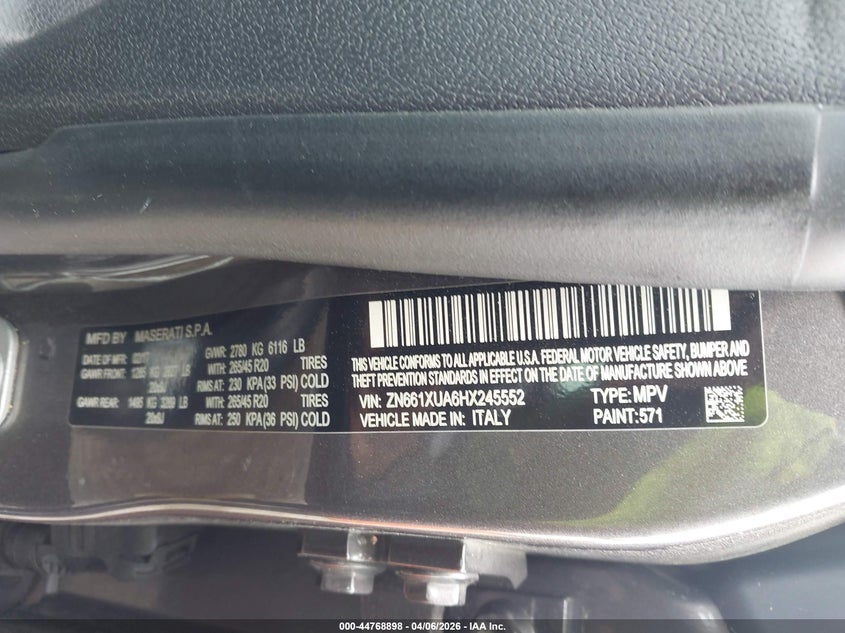 2017 Maserati Levante VIN ZN661XUA6HX245552 IAAI salvage auction — ALL OVER, Salvage (Alabama), sold $2,350 on 2026-07-29 (photo 9)