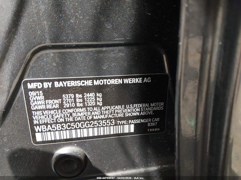2016 BMW 5er VIN WBA5B3C50GG253553 IAAI salvage auction — LEFT REAR, Salvage (Colorado), sold $6,150 on 2026-07-14 (photo 9)