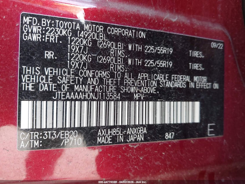 2022 Toyota Venza VIN JTEAAAAH0NJ113584 IAAI salvage auction — REAR END, Wait Title, sold $11,050 on 2026-08-22 (photo 9)