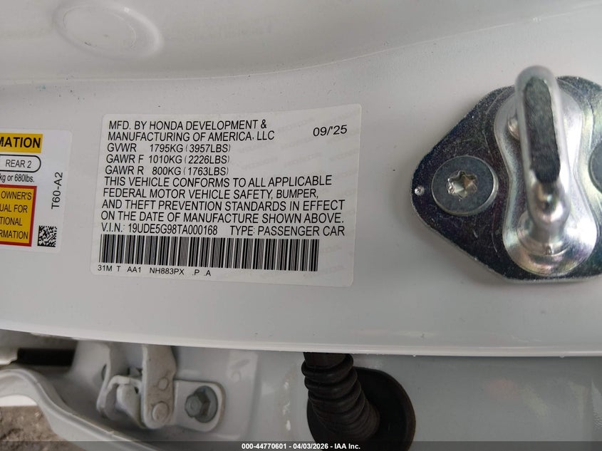 2026 Acura Integra VIN 19UDE5G98TA000168 IAAI salvage auction — THEFT, Salvage (Pennsylvania), sold $24,200 on 2026-07-18 (photo 9)
