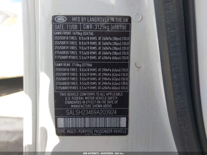 2009 Land rover Range rover sport VIN SALSH23469A203924 IAAI salvage auction — REAR END, Salvage (California), sold $275 on 2026-07-22 (photo 9)