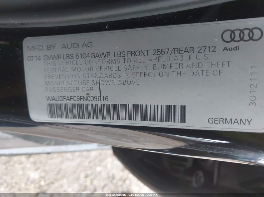2015 Audi A6 VIN WAUGFAFC9FN009616 IAAI salvage auction — FRONT END, Bill Of Sale (Indiana), sold $375 on 2026-07-22 (photo 9)