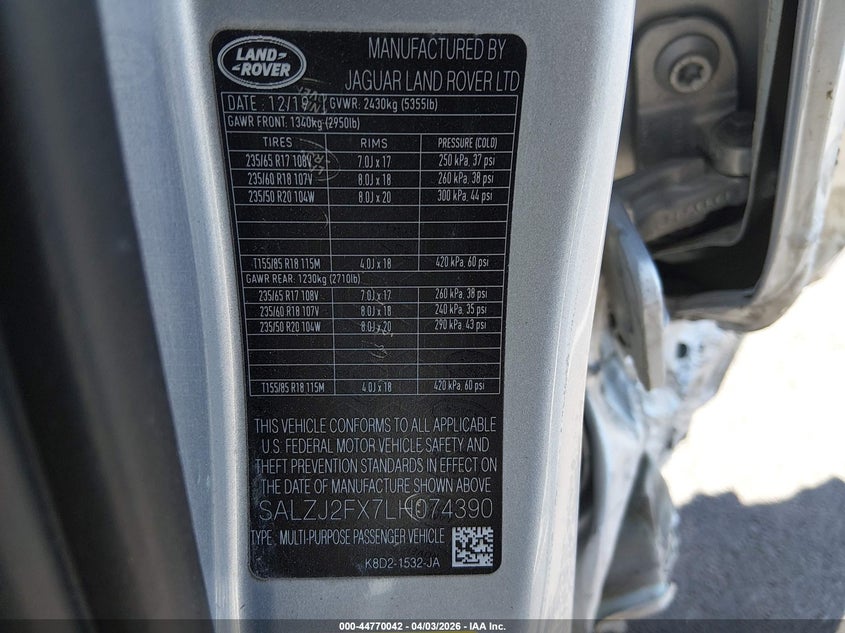 2020 Land rover Range rover evoque VIN SALZJ2FX7LH074390 IAAI salvage auction — LEFT REAR, Salvage (Wyoming), sold $5,800 on 2026-07-10 (photo 9)