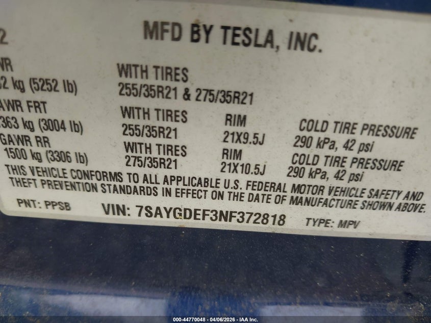 2022 Tesla Model Y VIN 7SAYGDEF3NF372818 IAAI salvage auction — Rear End, Rebuildable (Florida), sold $11,550 on 2026-04-30 (photo 9)