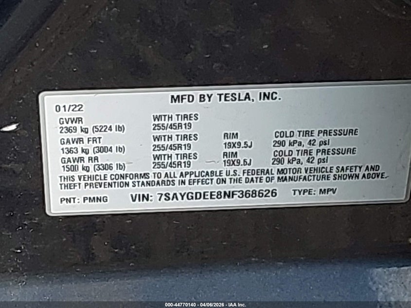 2022 Tesla Model y VIN 7SAYGDEE8NF368626 IAAI salvage auction — FRONT & REAR, Wait Title, sold $8,600 on 2026-07-28 (photo 9)