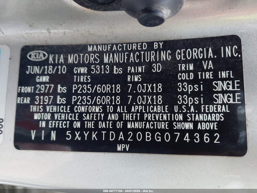 2011 Kia Sorento VIN 5XYKTDA20BG074362 IAAI salvage auction — FRONT END, Mv-907A (New York), sold $25 on 2026-07-28 (photo 9)
