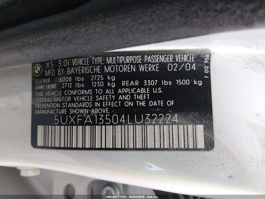 2004 BMW X5 VIN 5UXFA13504LU32224 IAAI salvage auction — FRONT END, Salvage (Texas), sold $300 on 2026-07-24 (photo 9)