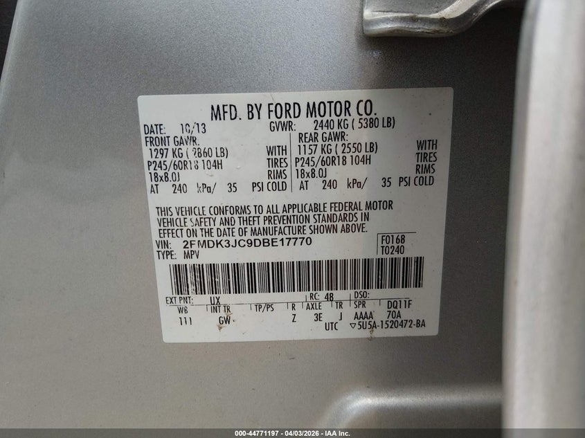 2013 Ford Edge VIN 2FMDK3JC9DBE17770 IAAI salvage auction — LEFT FRONT, Wait Title, sold $700 on 2026-07-05 (photo 9)