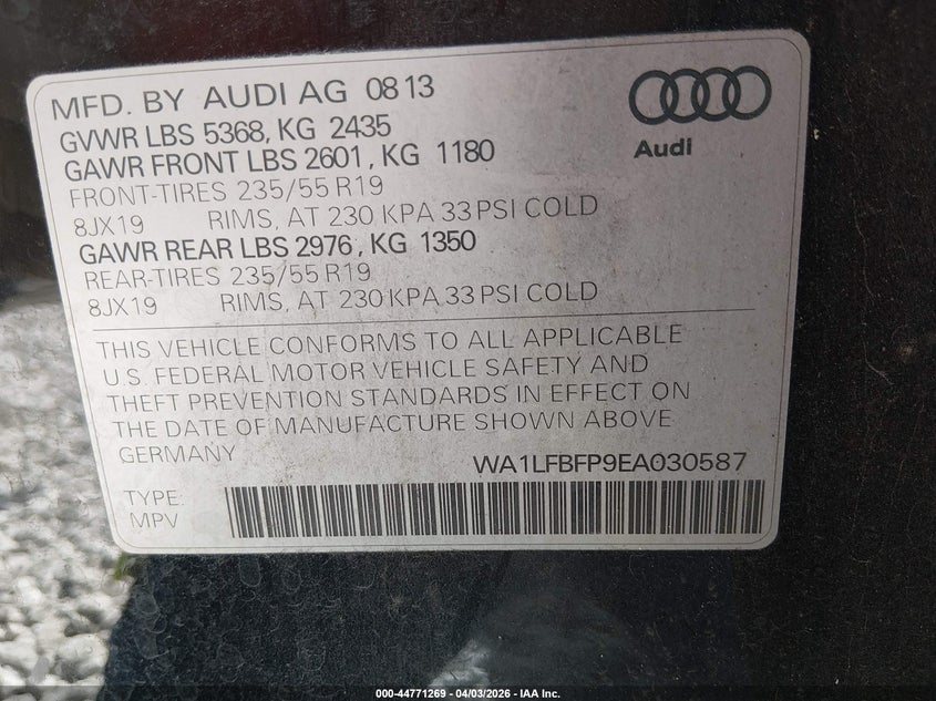 2014 Audi Q5 VIN WA1LFBFP9EA030587 IAAI salvage auction — LEFT FRONT, Salvage (Alabama), sold $1,025 on 2026-07-23 (photo 9)