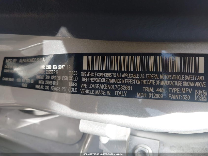 2020 Alfa romeo Stelvio VIN ZASPAKBN0L7C82661 IAAI salvage auction — FRONT & REAR, Wait Title, sold $3,250 on 2026-07-15 (photo 9)