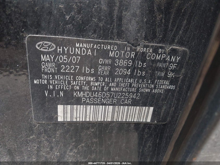 2007 Hyundai Elantra VIN KMHDU46D57U225942 IAAI salvage auction — NORMAL WEAR, Salvage (Texas), sold $425 on 2026-07-28 (photo 9)