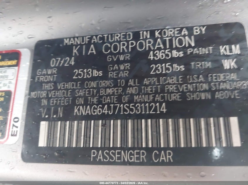 2025 Kia K5 VIN KNAG64J71S5311214 IAAI salvage auction — FRONT & REAR, Wait Title, sold $2,525 on 2026-07-07 (photo 9)