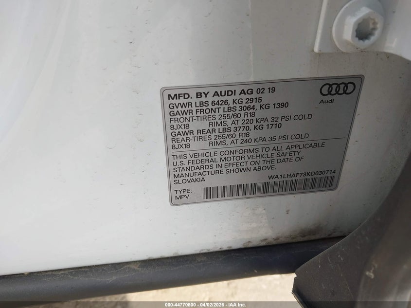 2019 Audi Q7 VIN WA1LHAF73KD030714 IAAI salvage auction — THEFT, Original (Texas), sold $3,700 on 2026-07-06 (photo 9)