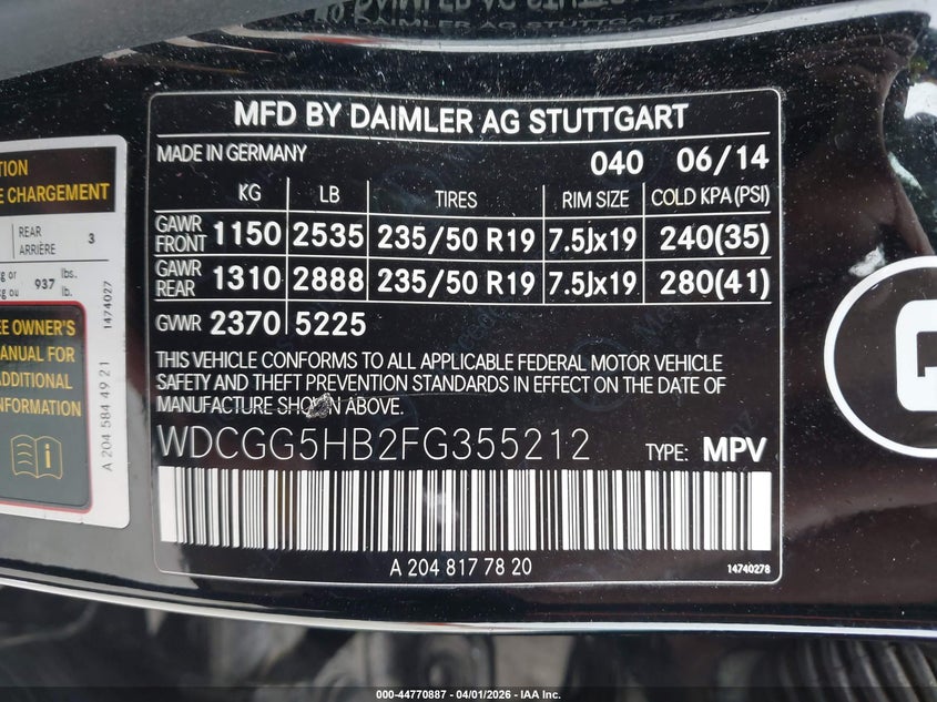 2015 Mercedes-benz Glk-klasse VIN WDCGG5HB2FG355212 IAAI salvage auction — FRONT END, Wait Title, sold $3,900 on 2026-07-11 (photo 9)
