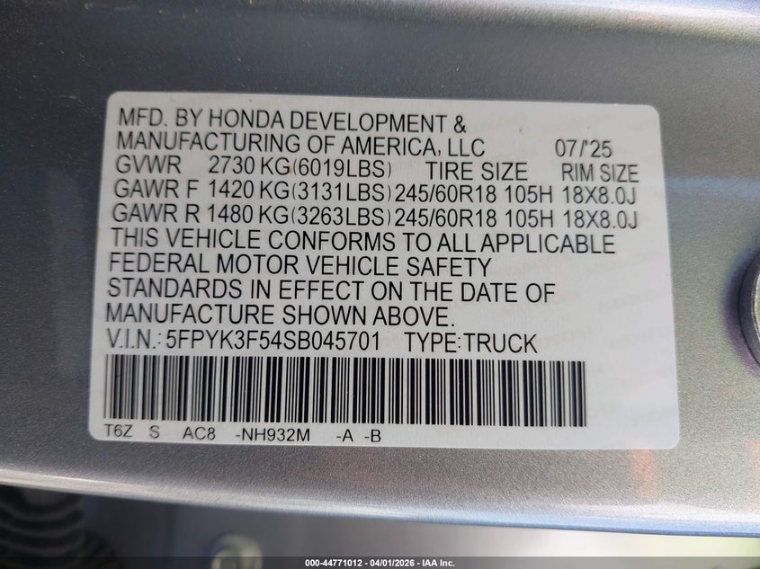 2025 Honda Ridgeline VIN 5FPYK3F54SB045701 IAAI salvage auction — LEFT SIDE, Original (Texas), sold $13,650 on 2026-07-09 (photo 9)