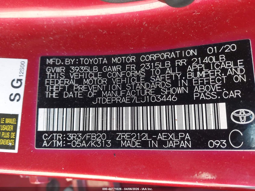 2020 Toyota Corolla VIN JTDEPRAE7LJ103446 IAAI salvage auction — FRONT END, Wait Title, sold $2,250 on 2026-07-17 (photo 9)