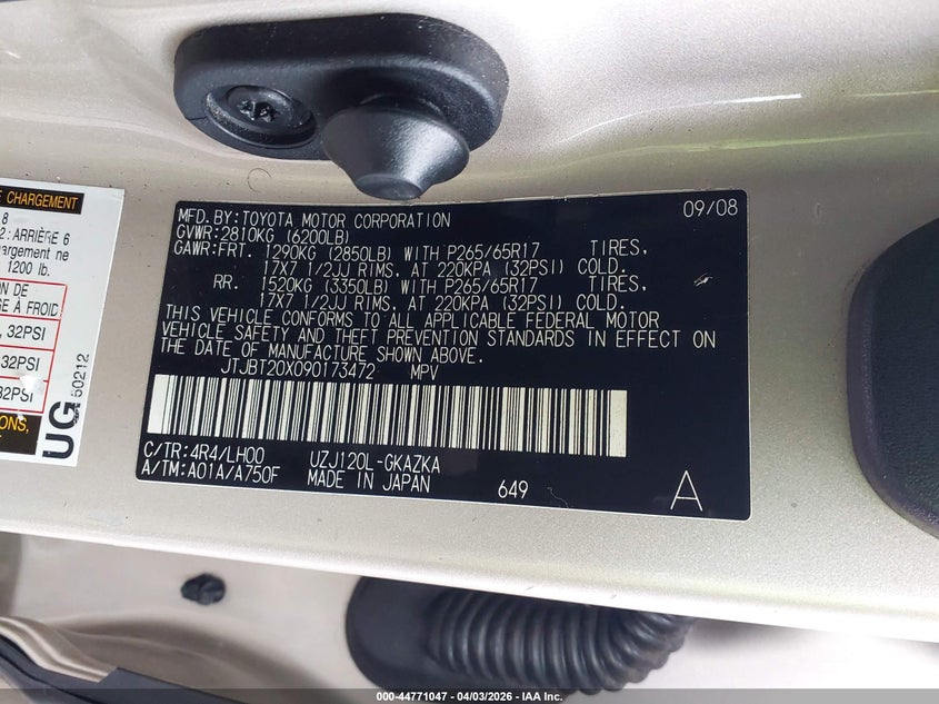 2009 Lexus Gx VIN JTJBT20X090173472 IAAI salvage auction — FRONT END, Clear (New Jersey), sold $5,775 on 2026-07-09 (photo 9)