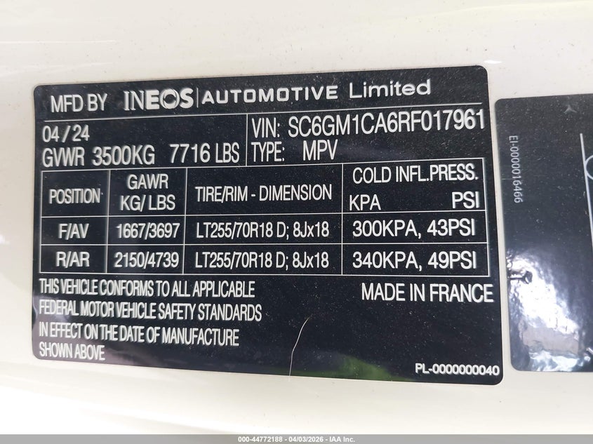 2024 Ineos Grenadier VIN SC6GM1CA6RF017961 IAAI salvage auction — LEFT FRONT, Original (Texas), sold $21,075 on 2026-07-06 (photo 9)