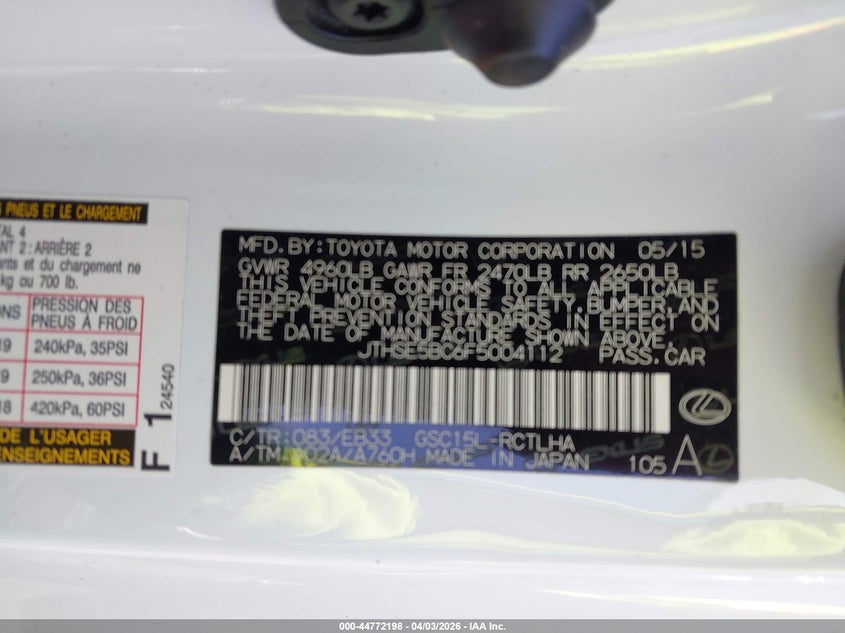 2015 Lexus Rc VIN JTHSE5BC6F5004112 IAAI salvage auction — FRONT END, Wait Title, sold $25 on 2026-07-28 (photo 9)