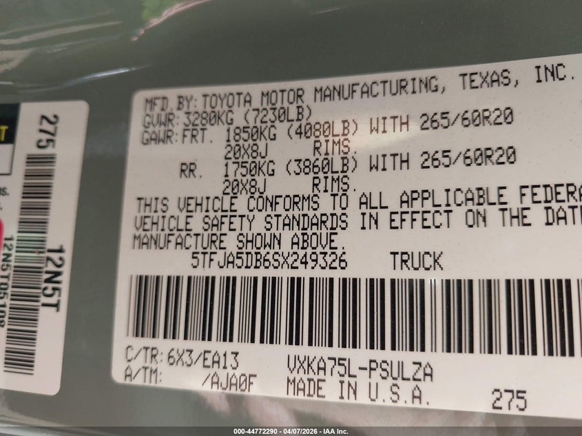 2025 Toyota Tundra VIN 5TFJA5DB6SX249326 IAAI salvage auction — LEFT FRONT, Original (Texas), sold $19,100 on 2026-07-06 (photo 9)