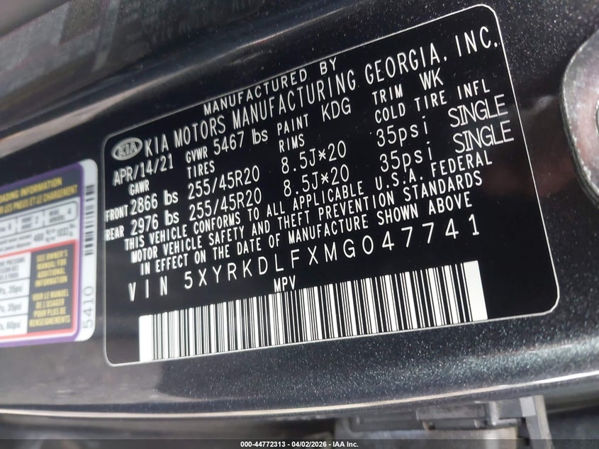 2021 Kia Sorento VIN 5XYRKDLFXMG047741 IAAI salvage auction — FRONT END, Wait Title, sold $4,850 on 2026-07-28 (photo 9)