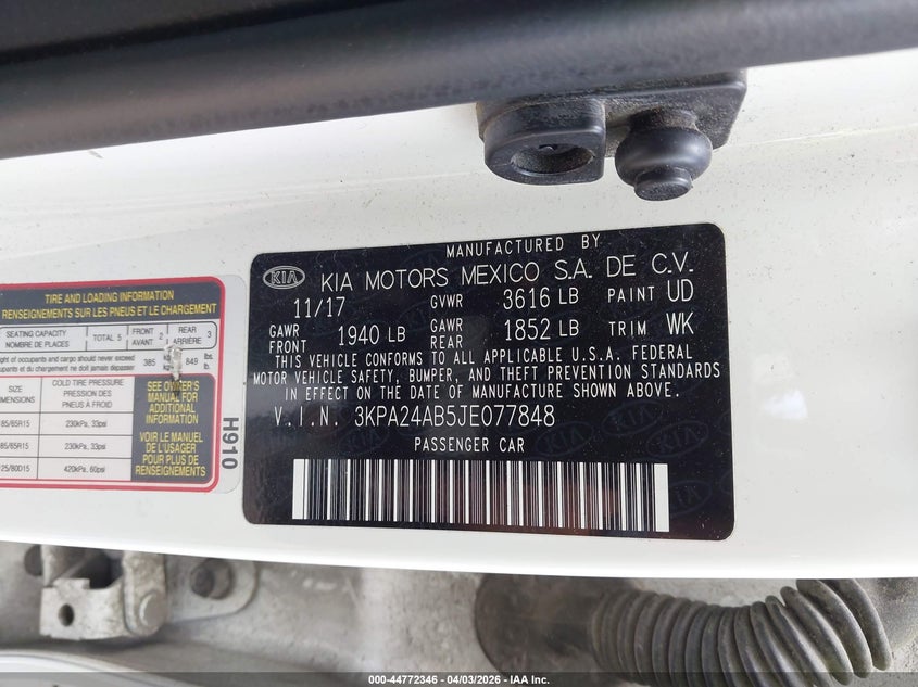 2018 Kia Rio VIN 3KPA24AB5JE077848 IAAI salvage auction — FRONT & REAR, Salvage (Oklahoma), sold $850 on 2026-07-26 (photo 9)