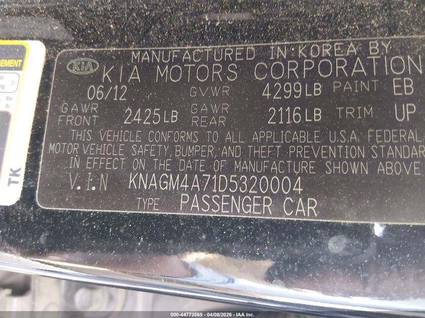 2013 Kia Optima VIN KNAGM4A71D5320004 IAAI salvage auction — THEFT, Salvage (South Carolina), sold $1,050 on 2026-07-22 (photo 9)