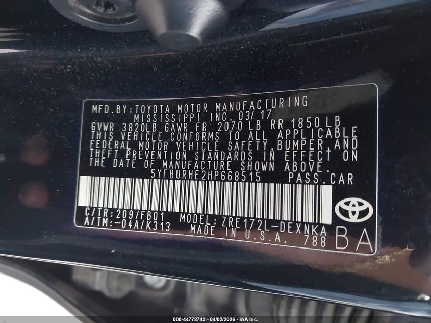 2017 Toyota Corolla VIN 5YFBURHE2HP668515 IAAI salvage auction — FRONT END, Salvage (California), sold $25 on 2026-07-30 (photo 9)