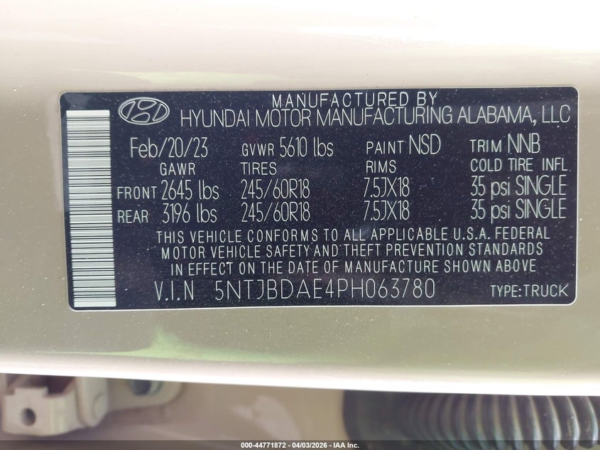 2023 Hyundai Santa cruz VIN 5NTJBDAE4PH063780 IAAI salvage auction — FRONT END, Original (Texas), sold $7,350 on 2026-07-28 (photo 9)