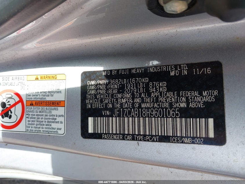 2017 Subaru Brz VIN JF1ZCAB18H9601065 IAAI salvage auction — ENGINE DAMAGE, Wait Title, sold $1,050 on 2026-07-22 (photo 9)