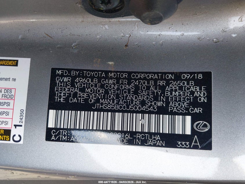 2018 Lexus Rc VIN JTHS85BC0J5004543 IAAI salvage auction — ROLLOVER, Wait Title, sold $1,050 on 2026-07-11 (photo 9)