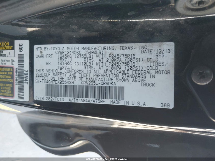 2014 Toyota Tacoma VIN 5TFTU4GN7EX055439 IAAI salvage auction — FRONT END, Salvage (California), sold $3,700 on 2026-07-29 (photo 9)