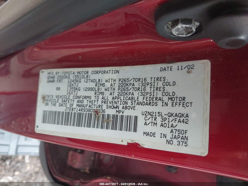 2003 Toyota 4runner VIN JTEBT14R938000336 IAAI salvage auction — FRONT & REAR, Salvage (Texas), sold $2,475 on 2026-07-15 (photo 9)