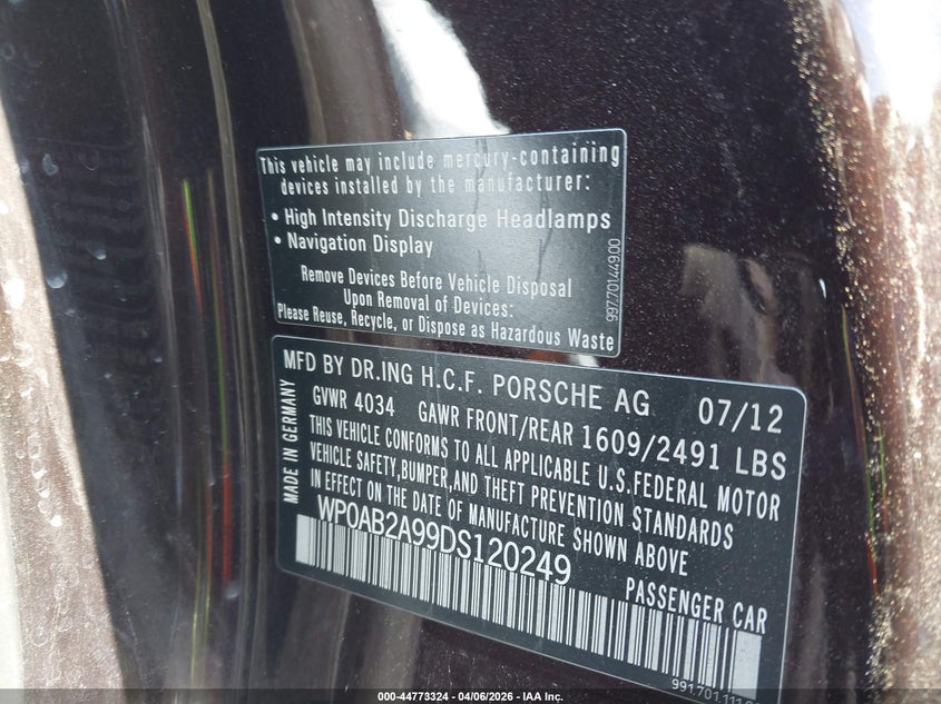 2013 Porsche 911 VIN WP0AB2A99DS120249 IAAI salvage auction — RIGHT FRONT, Clear (Oklahoma), sold $25,250 on 2026-07-28 (photo 9)