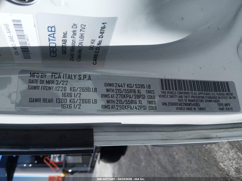2022 Ram Promaster city VIN ZFBHRFAB2N6W54985 IAAI salvage auction — NORMAL WEAR, Salvage Title, sold $15,750 on 2026-07-10 (photo 9)