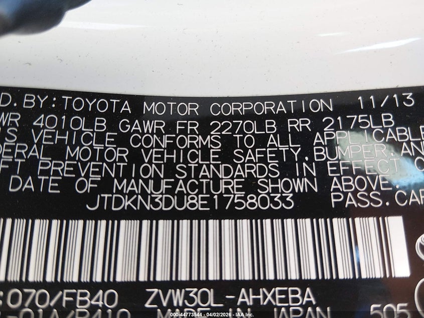 2014 Toyota Prius VIN JTDKN3DU8E1758033 IAAI salvage auction — FRONT END, Clear (Kansas), sold $2,700 on 2026-07-10 (photo 9)