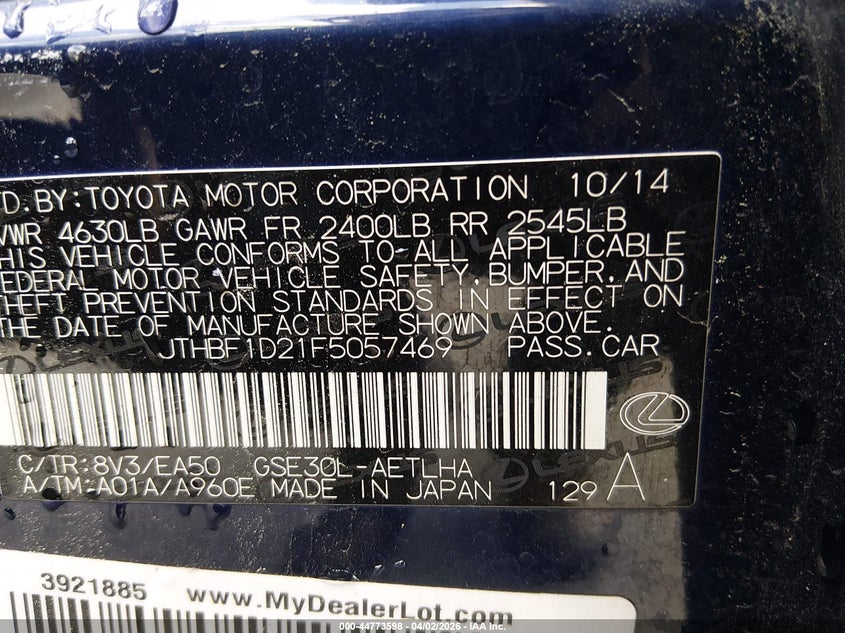 2015 Lexus Is VIN JTHBF1D21F5057469 IAAI salvage auction — LEFT FRONT, Wait Title, sold $5,475 on 2026-09-02 (photo 9)
