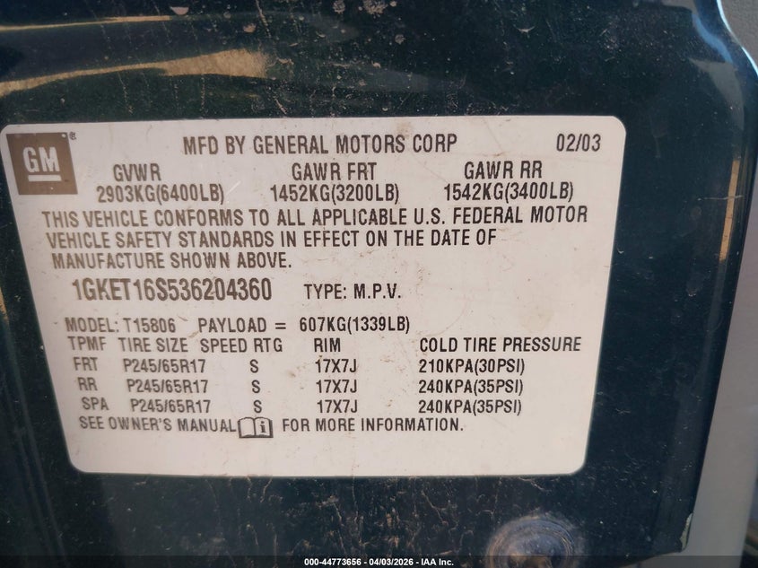 2003 Gmc Envoy VIN 1GKET16S536204360 IAAI salvage auction — RIGHT REAR, Clear (Minnesota), sold $775 on 2026-07-09 (photo 9)