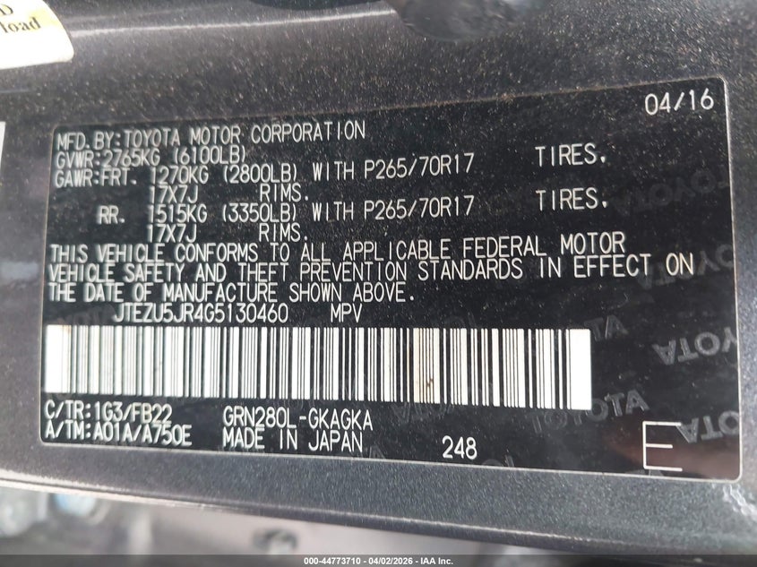 2016 Toyota 4runner VIN JTEZU5JR4G5130460 IAAI salvage auction — LEFT SIDE, Clear (Arkansas), sold $6,200 on 2026-07-08 (photo 9)