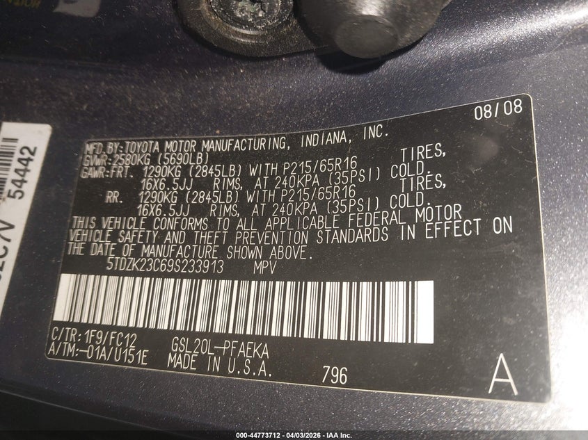 2009 Toyota Sienna VIN 5TDZK23C69S233913 IAAI salvage auction — FRONT END, Salvage (Texas), sold $800 on 2026-07-29 (photo 9)