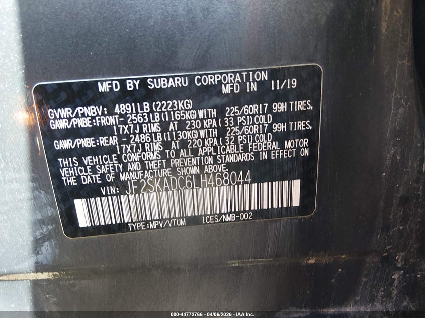 2020 Subaru Forester VIN JF2SKADC6LH468044 IAAI salvage auction — REAR END, Clear (Oklahoma), sold $2,250 on 2026-07-08 (photo 9)