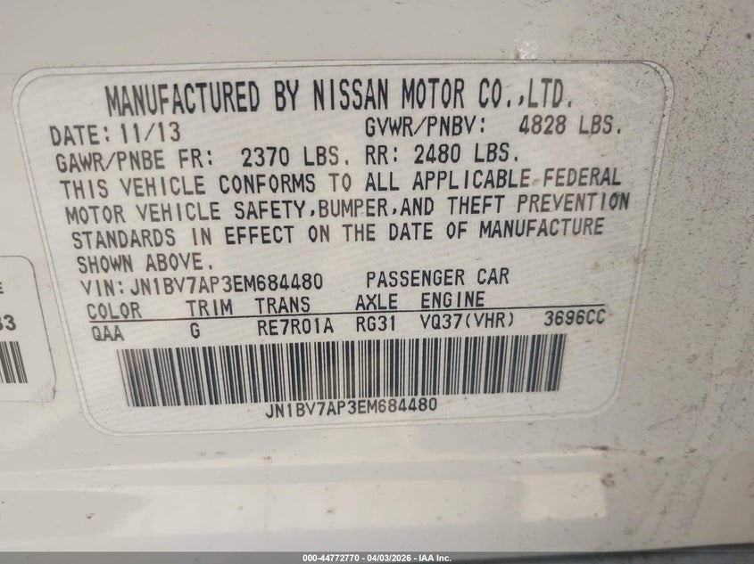 2014 Infiniti Q50 VIN JN1BV7AP3EM684480 IAAI salvage auction — FRONT END, Salvage (Idaho), sold $1,375 on 2026-07-14 (photo 9)