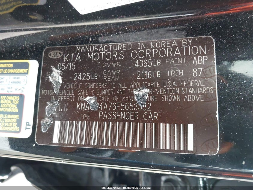 2015 Kia Optima VIN KNAGM4A76F5653382 IAAI salvage auction — FRONT END, Wait Title, sold $525 on 2026-07-31 (photo 9)