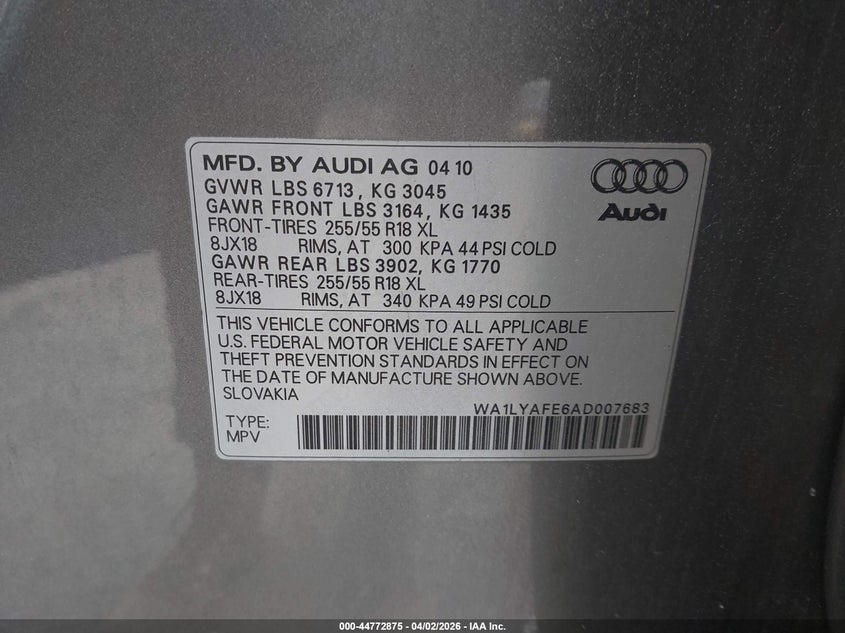 2010 Audi Q7 VIN WA1LYAFE6AD007683 IAAI salvage auction — FRONT END, Salvage - Greater Than 75% (Maryland), sold $450 on 2026-07-31 (photo 9)